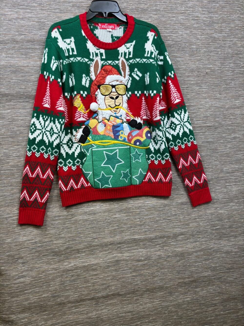 Ugly Christmas Holiday Sweater With Front Pocket Llama Presents Size M Red